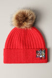 DOG MOM Rib Knit Beanie Hat with Faux Fur Pom