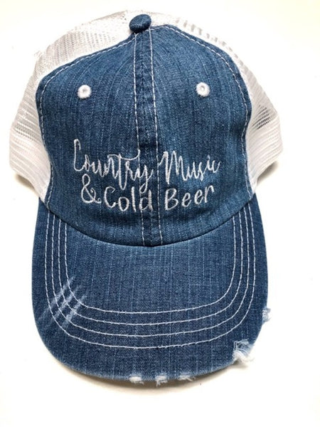 Country Music & Cold Beer Embroidered Denim/Mesh Trucker Hat