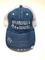 Backroads and Bonfires Denim/Mesh Embroidered Trucker Hat