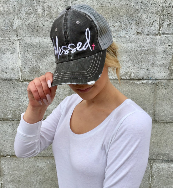 Blessed~Pink Cross Embroidered Trucker Hat