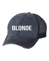 Blonde Embroidered Navy Trucker Hat