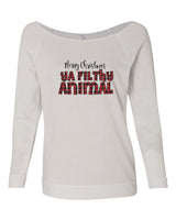 MERRY CHRISTMAS YA FILTHY ANIMAL BUFFALO PLAID RAGLAN CREW NECK