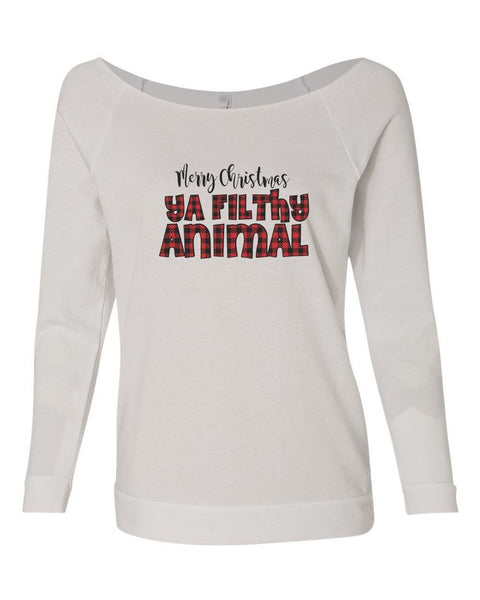 MERRY CHRISTMAS YA FILTHY ANIMAL BUFFALO PLAID RAGLAN CREW NECK