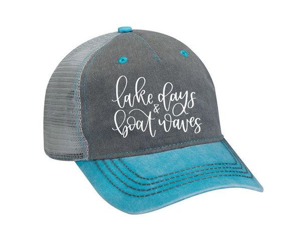 Lake Days & Boat Waves Grey/Carribean Blue Embroidered Trucker Hat