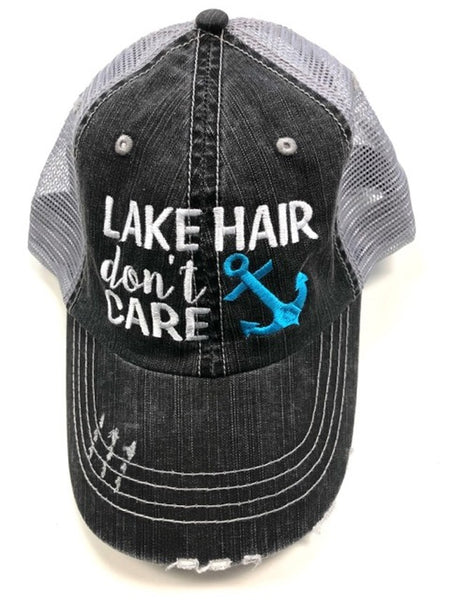 Lake Hair Don't Care Blue Anchor Embroidered Trucker Hat