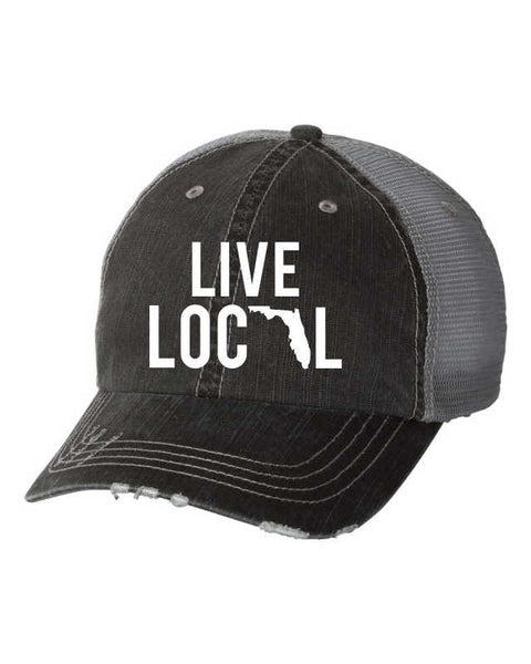 Live Local~Florida in White on Grey Embroidered Trucker Cap