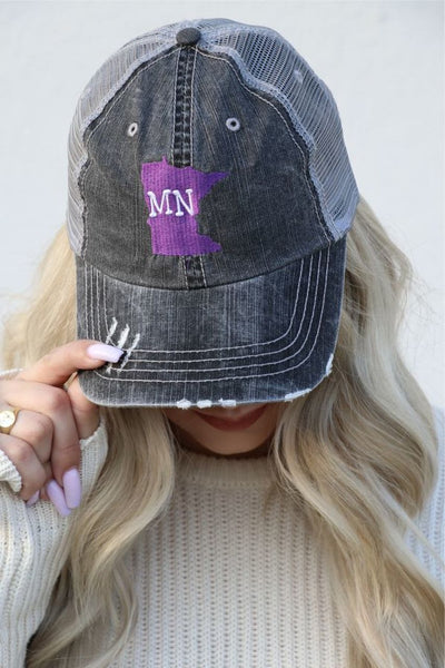 MINNESOTA PURPLE STATE WITH MN IN STATE IN WHITE ON FRONT EMBROIDERED TRUCKER HAT