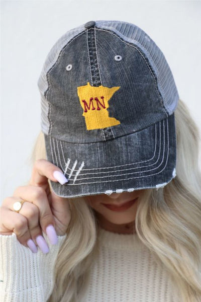 MINNESOTA GOLD STATE WITH MN IN STATE IN MAROON ON FRONT EMBROIDERED TRUCKER HAT