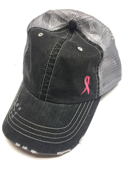 Pink Cancer Ribbon Embroidered Trucker Hat