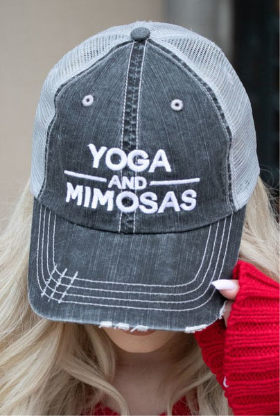 YOGA AND MIMOSAS EMBROIDERED TRUCKER HAT